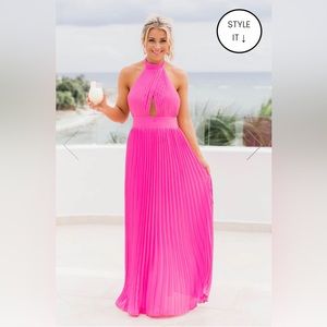 Pink Lily SUNNY GLEAM PINK ACCORDION HALTER MAXI DRESS